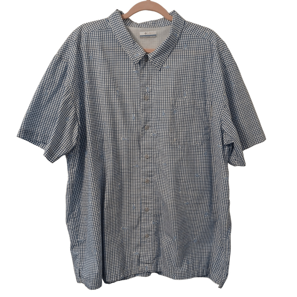 Columbia Men's Size XXL 2X PFG Short Sleeve Cotton Blue Check and Fish Pattern